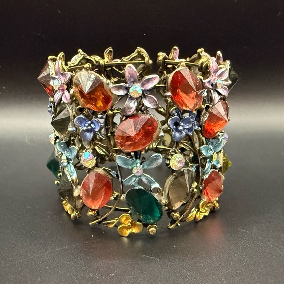 Jewelry - Vintage Inspired Floral Multicolor Crystal Cuff Bracelet - Women Jewelry
